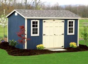 Blue Shed with double white doors, free standing garage options, workshops, mini offices